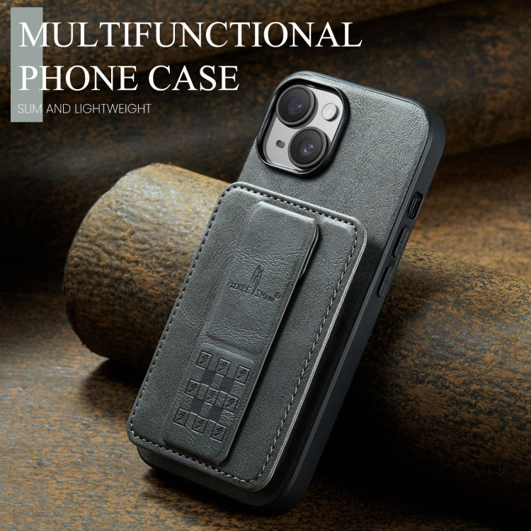 For iPhone 15 Fierre Shann Oil Wax Cow Leather Card Holder Back Phone Case(Grey)
