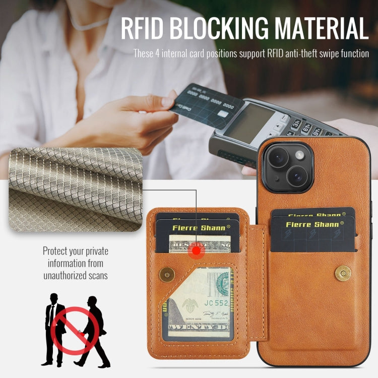 For iPhone 15 Fierre Shann Oil Wax Cow Leather Card Holder Back Phone Case(Brown)