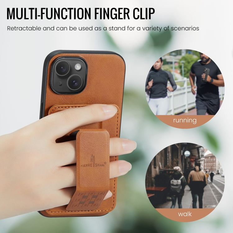 For iPhone 15 Fierre Shann Oil Wax Cow Leather Card Holder Back Phone Case(Brown)
