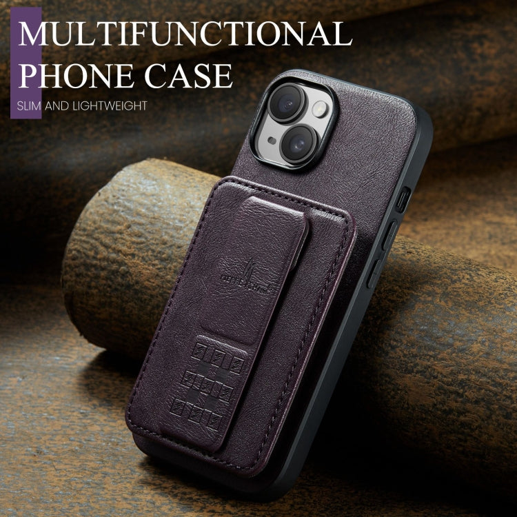 For iPhone 14 Plus Fierre Shann Oil Wax Cow Leather Card Holder Back Phone Case(Purple)