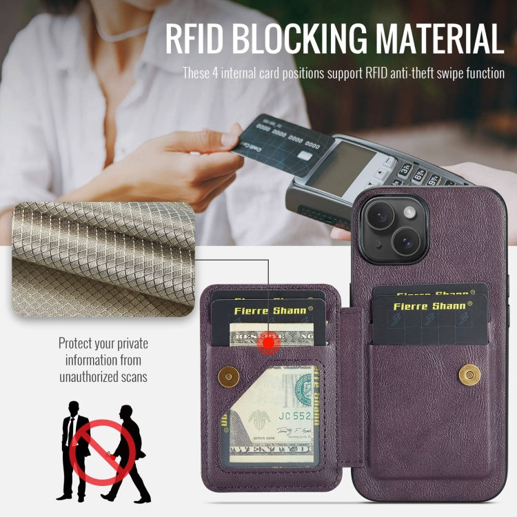 For iPhone 14 Plus Fierre Shann Oil Wax Cow Leather Card Holder Back Phone Case(Purple)