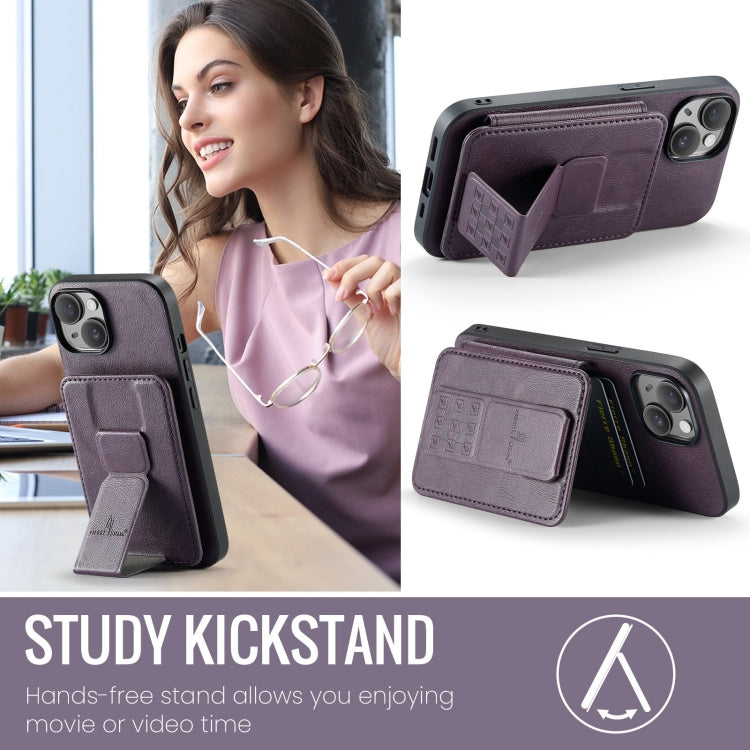 For iPhone 14 Plus Fierre Shann Oil Wax Cow Leather Card Holder Back Phone Case(Purple)