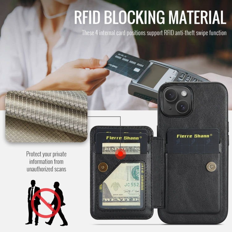 For iPhone 14 Fierre Shann Oil Wax Cow Leather Card Holder Back Phone Case(Black)
