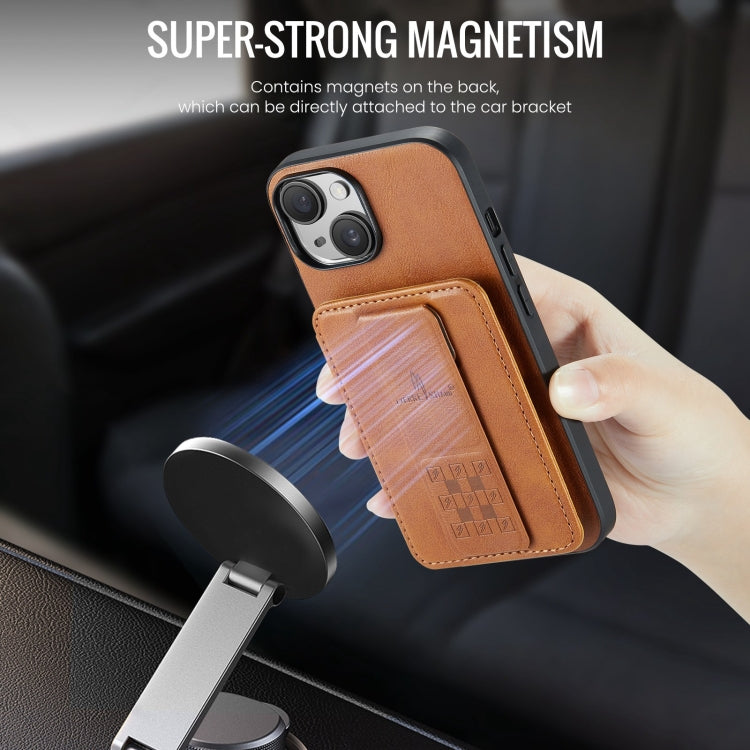For iPhone 14 Fierre Shann Oil Wax Cow Leather Card Holder Back Phone Case(Brown)