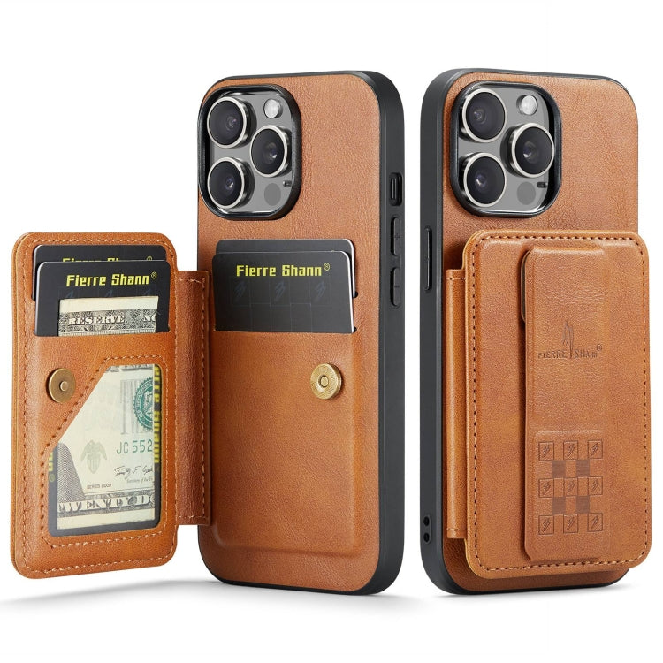 For iPhone 14 Pro Max Fierre Shann Oil Wax Cow Leather Card Holder Back Phone Case(Brown)