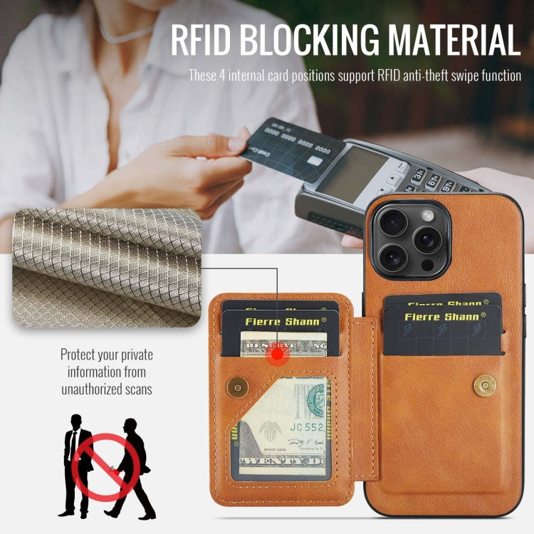 For iPhone 14 Pro Max Fierre Shann Oil Wax Cow Leather Card Holder Back Phone Case(Brown)