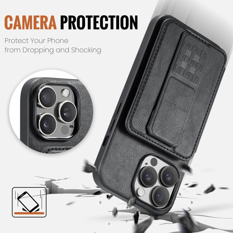 For iPhone 13 Pro Max Fierre Shann Oil Wax Cow Leather Card Holder Back Phone Case(Black)