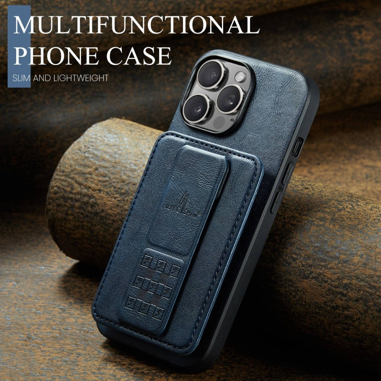 For iPhone 13 Pro Max Fierre Shann Oil Wax Cow Leather Card Holder Back Phone Case(Blue)