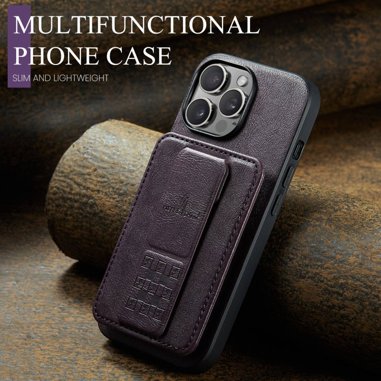 For iPhone 13 Pro Max Fierre Shann Oil Wax Cow Leather Card Holder Back Phone Case(Purple)