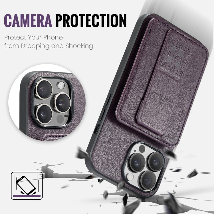 For iPhone 13 Pro Max Fierre Shann Oil Wax Cow Leather Card Holder Back Phone Case(Purple)
