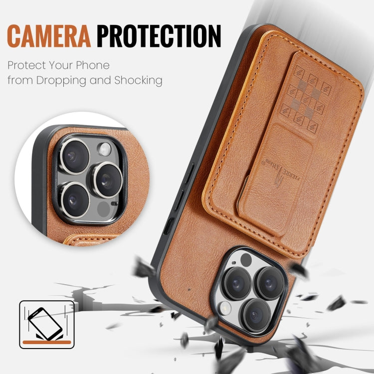 For iPhone 13 Pro Max Fierre Shann Oil Wax Cow Leather Card Holder Back Phone Case(Brown)