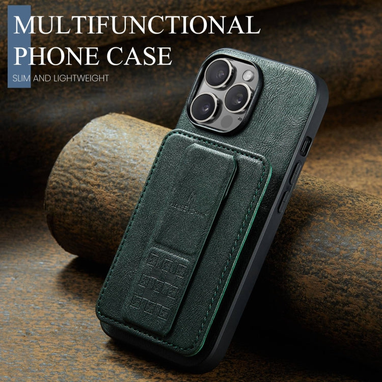 For iPhone 13 Pro Fierre Shann Oil Wax Cow Leather Card Holder Back Phone Case(Green)