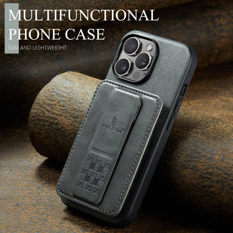 For iPhone 13 Pro Fierre Shann Oil Wax Cow Leather Card Holder Back Phone Case(Grey)