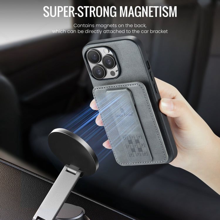 For iPhone 13 Pro Fierre Shann Oil Wax Cow Leather Card Holder Back Phone Case(Grey)