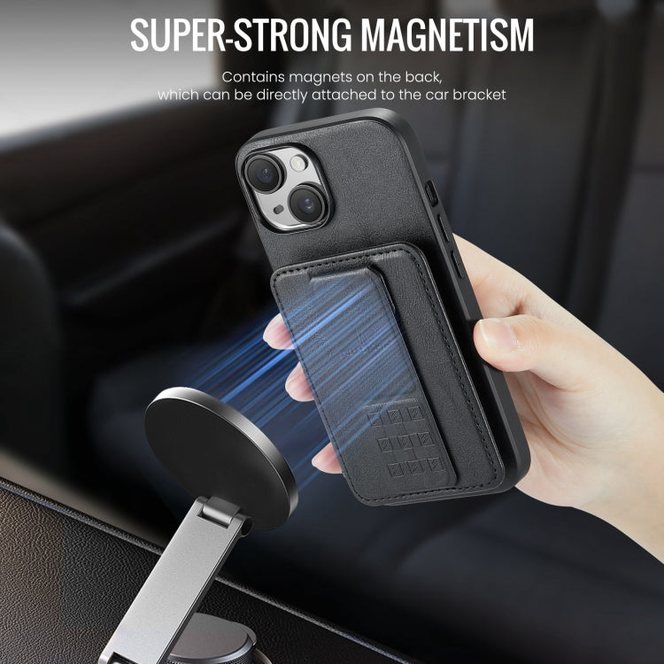 For iPhone 13 Fierre Shann Oil Wax Cow Leather Card Holder Back Phone Case(Black)