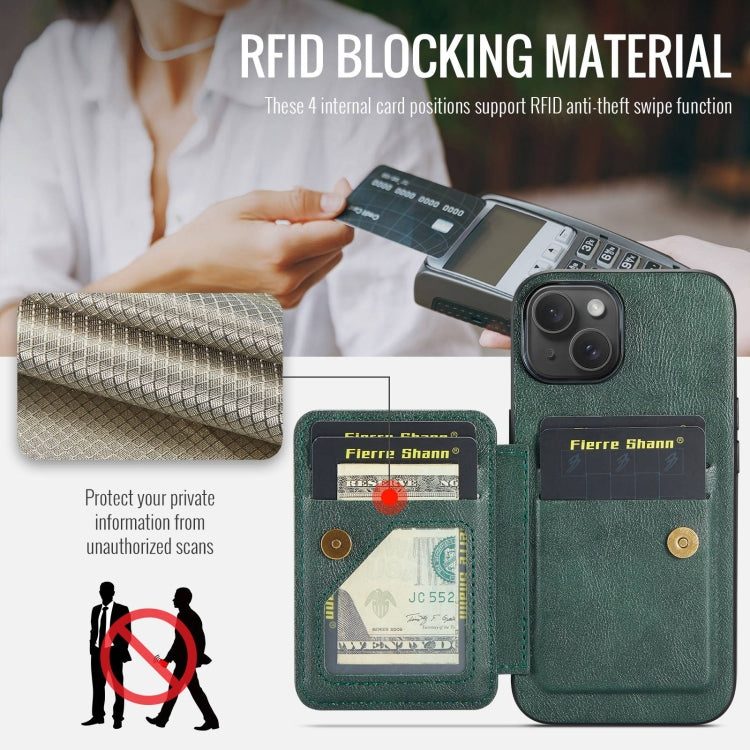 For iPhone 13 Fierre Shann Oil Wax Cow Leather Card Holder Back Phone Case(Green)