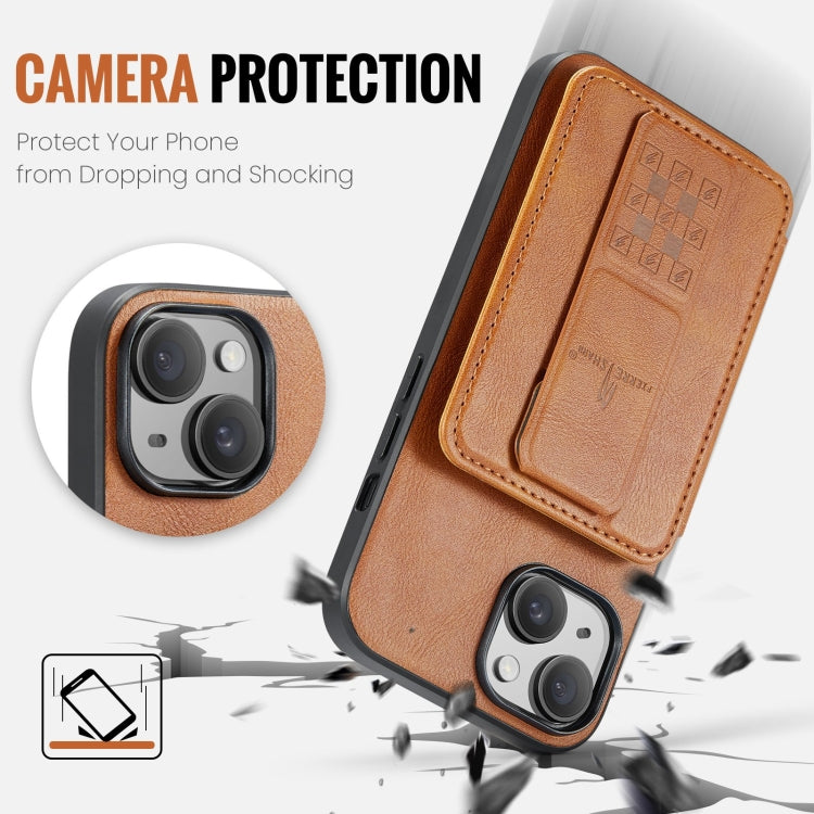 For iPhone 13 Fierre Shann Oil Wax Cow Leather Card Holder Back Phone Case(Brown)