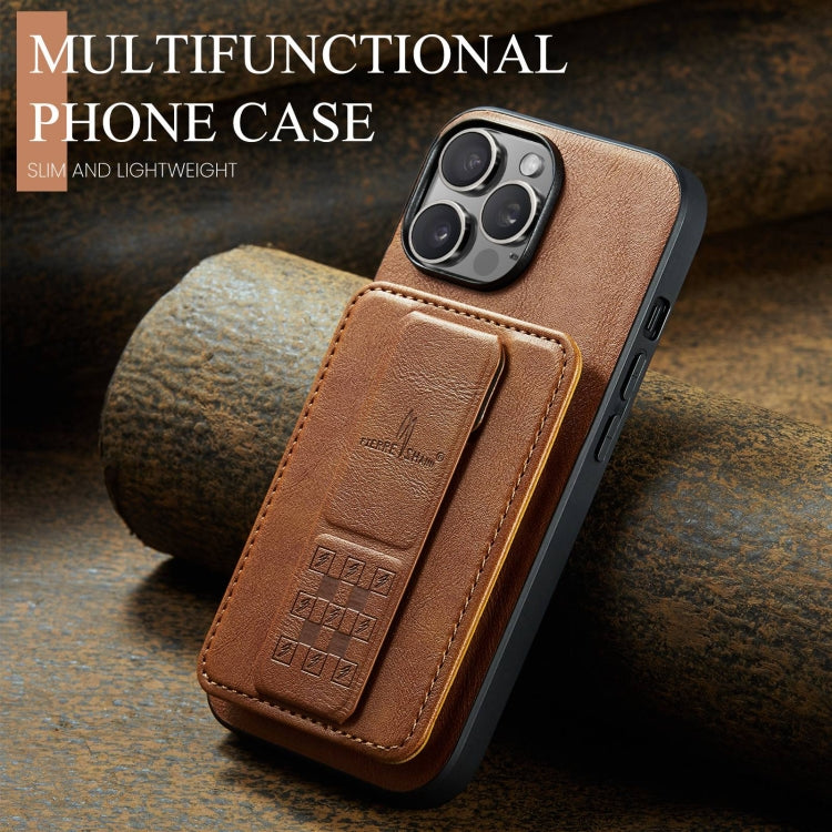 For iPhone 12 Pro Max Fierre Shann Oil Wax Cow Leather Card Holder Back Phone Case(Brown)