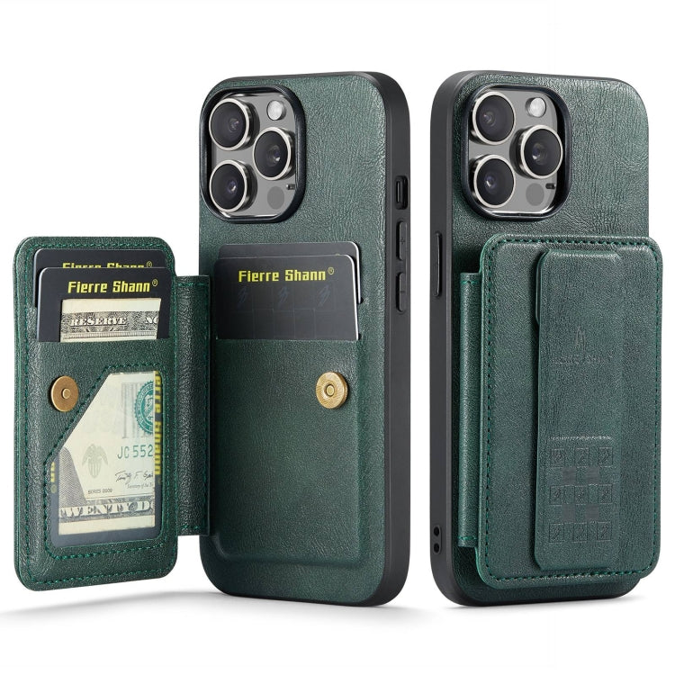 For iPhone 12 / 12 Pro Fierre Shann Oil Wax Cow Leather Card Holder Back Phone Case(Green)