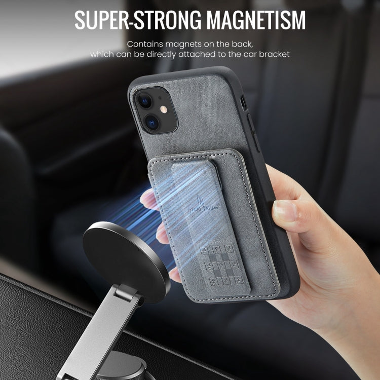 For iPhone 11 Pro Max Fierre Shann Oil Wax Cow Leather Card Holder Back Phone Case(Grey)