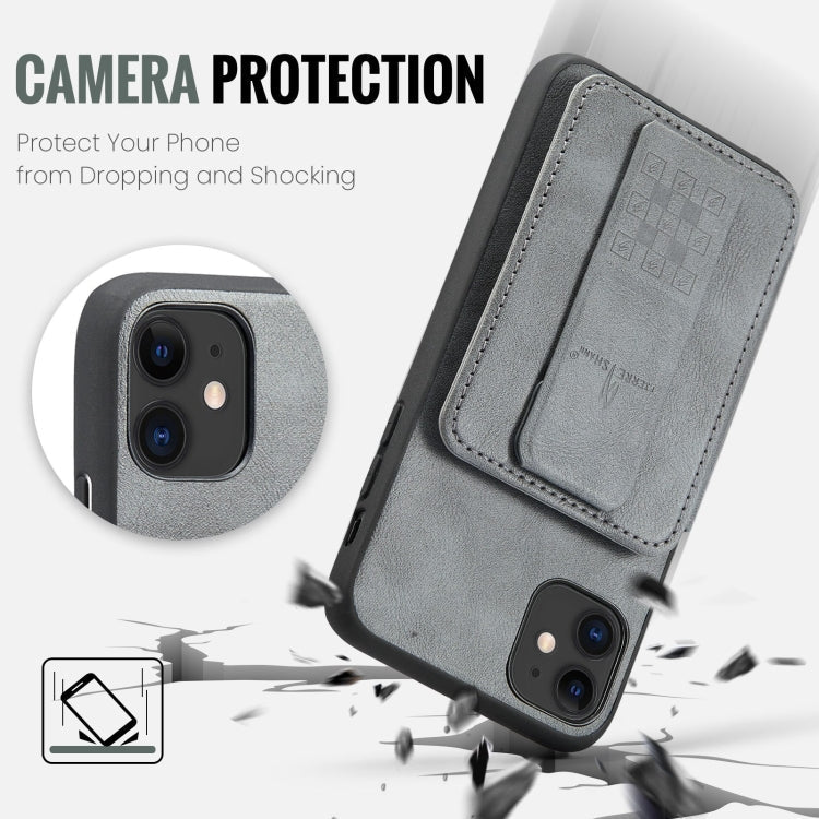 For iPhone 11 Pro Max Fierre Shann Oil Wax Cow Leather Card Holder Back Phone Case(Grey)