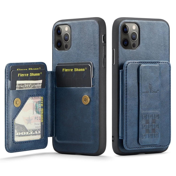 For iPhone 11 Pro Max Fierre Shann Oil Wax Cow Leather Card Holder Back Phone Case(Blue)