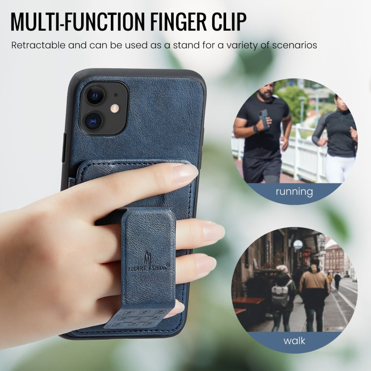 For iPhone 11 Pro Max Fierre Shann Oil Wax Cow Leather Card Holder Back Phone Case(Blue)