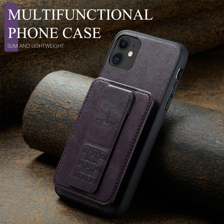 For iPhone 11 Pro Max Fierre Shann Oil Wax Cow Leather Card Holder Back Phone Case(Purple)