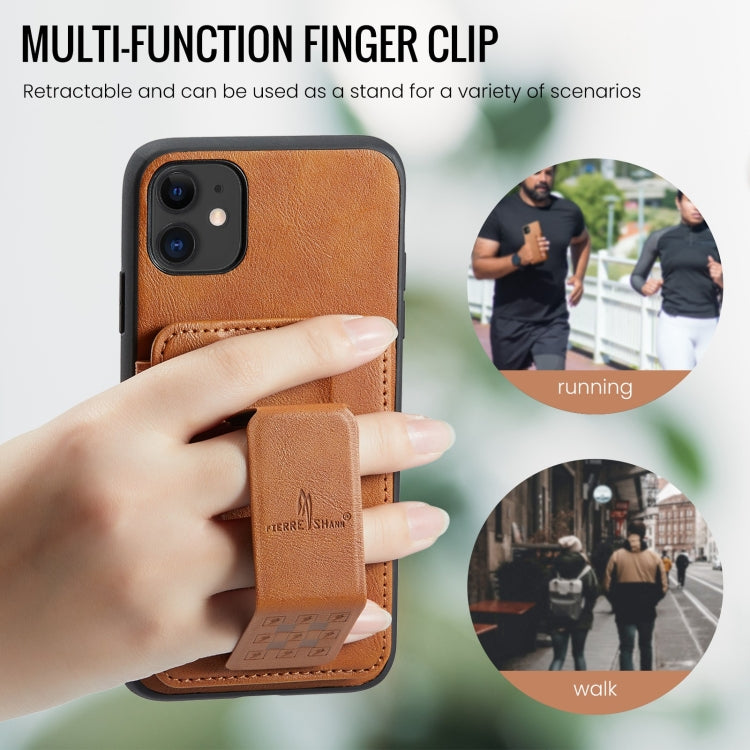 For iPhone 11 Pro Max Fierre Shann Oil Wax Cow Leather Card Holder Back Phone Case(Brown)