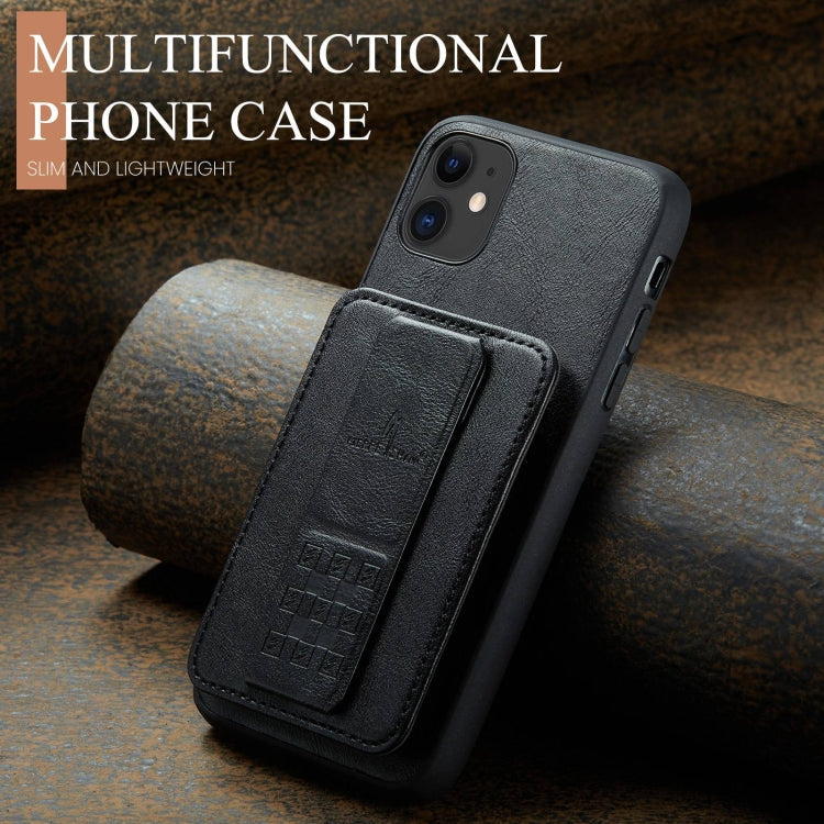 For iPhone 11 Fierre Shann Oil Wax Cow Leather Card Holder Back Phone Case(Black)