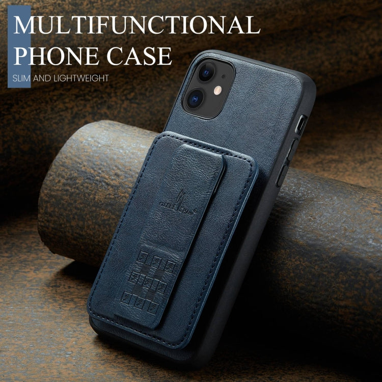 For iPhone 11 Fierre Shann Oil Wax Cow Leather Card Holder Back Phone Case(Blue)
