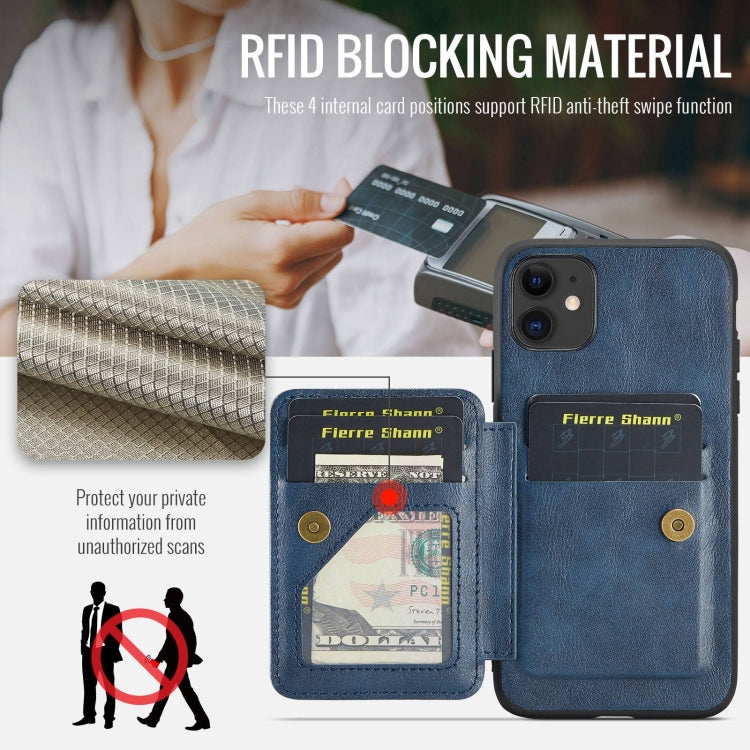 For iPhone 11 Fierre Shann Oil Wax Cow Leather Card Holder Back Phone Case(Blue)
