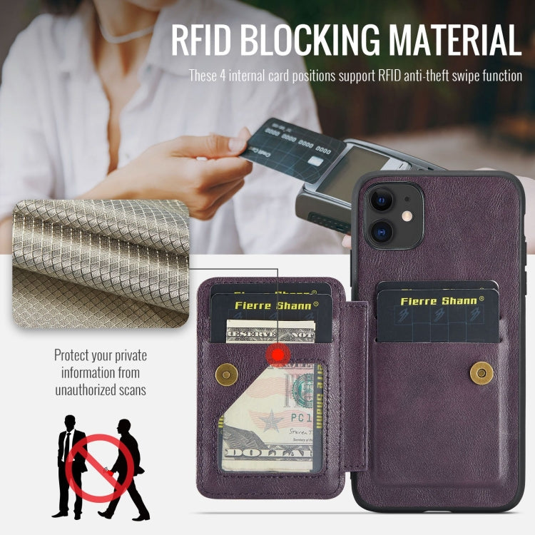 For iPhone 11 Fierre Shann Oil Wax Cow Leather Card Holder Back Phone Case(Purple)