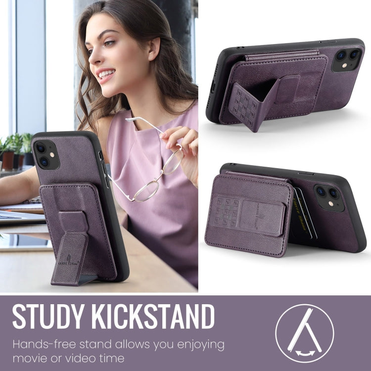 For iPhone 11 Fierre Shann Oil Wax Cow Leather Card Holder Back Phone Case(Purple)