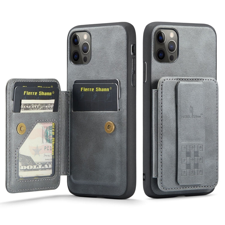 For iPhone 11 Pro Fierre Shann Oil Wax Cow Leather Card Holder Back Phone Case(Grey)