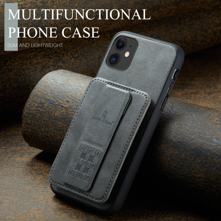 For iPhone 11 Pro Fierre Shann Oil Wax Cow Leather Card Holder Back Phone Case(Grey)