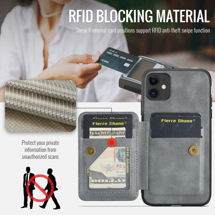 For iPhone 11 Pro Fierre Shann Oil Wax Cow Leather Card Holder Back Phone Case(Grey)