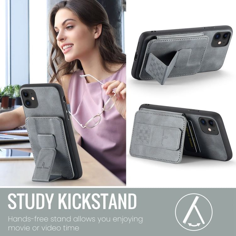 For iPhone 11 Pro Fierre Shann Oil Wax Cow Leather Card Holder Back Phone Case(Grey)