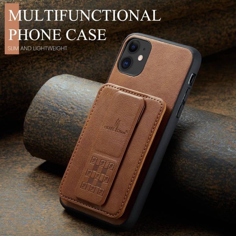 For iPhone 11 Pro Fierre Shann Oil Wax Cow Leather Card Holder Back Phone Case(Brown)