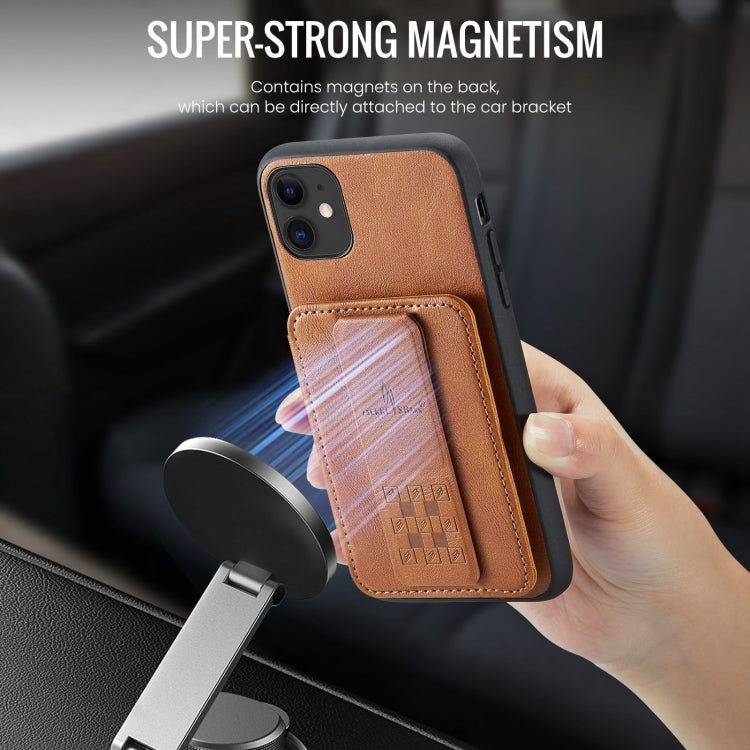 For iPhone 11 Pro Fierre Shann Oil Wax Cow Leather Card Holder Back Phone Case(Brown)