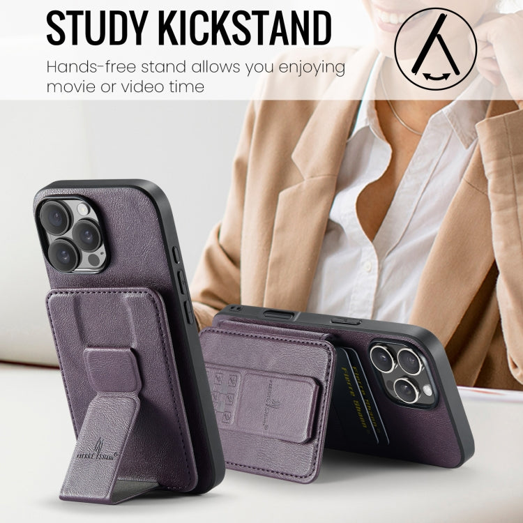 For iPhone 16 Pro Max Fierre Shann Oil Wax Cow Leather Card Holder Back Phone Case(Purple)