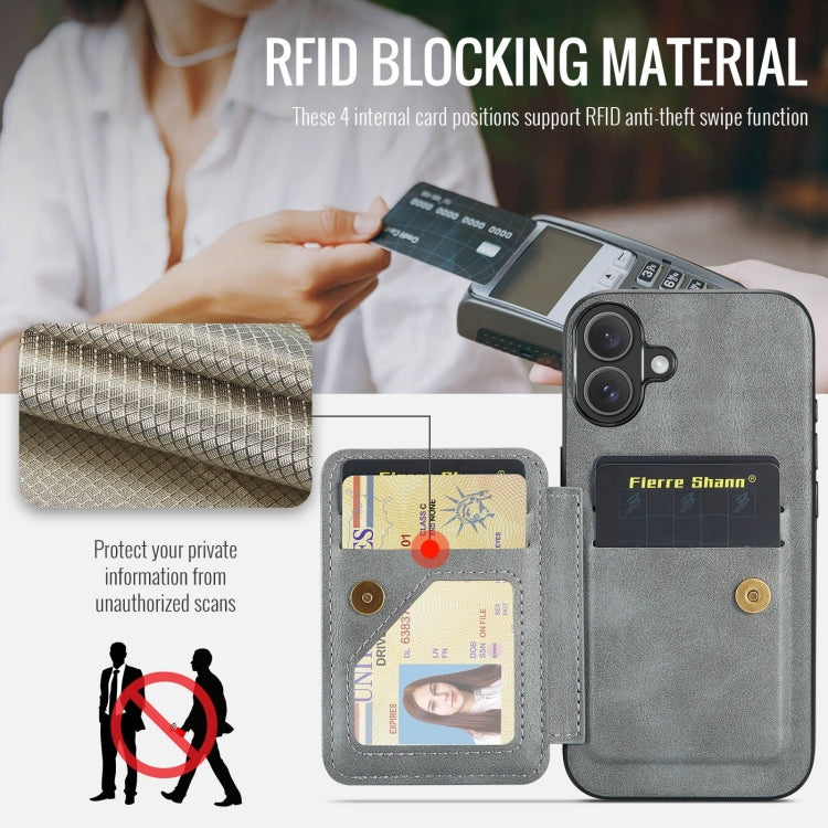 For iPhone 16 Plus Fierre Shann Oil Wax Cow Leather Card Holder Back Phone Case(Grey)