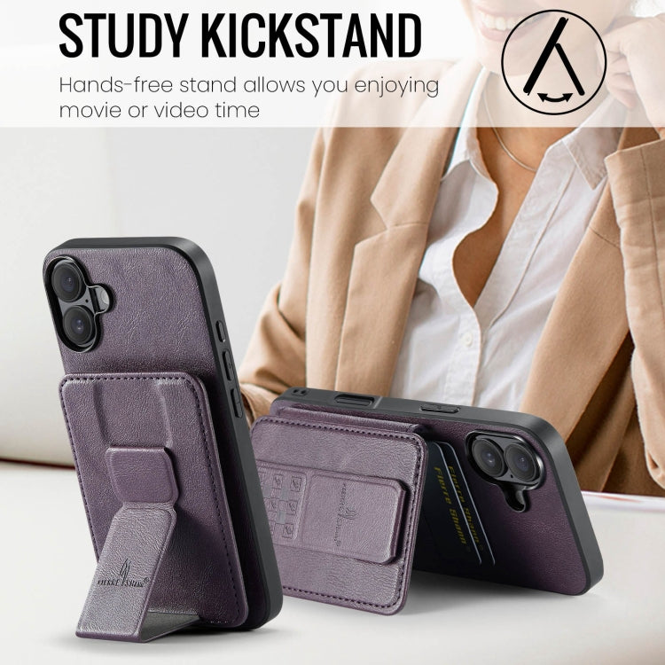 For iPhone 16 Plus Fierre Shann Oil Wax Cow Leather Card Holder Back Phone Case(Purple)