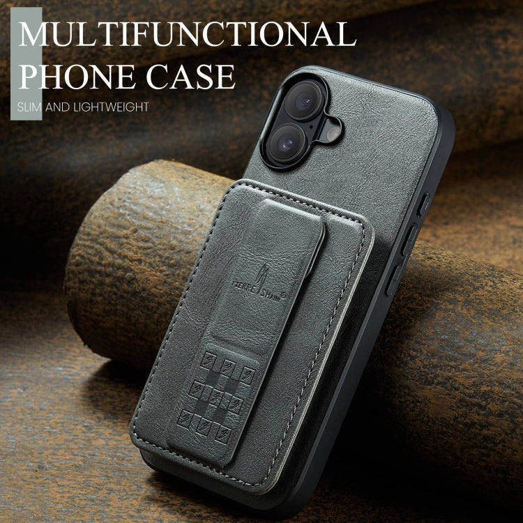 For iPhone 16 Fierre Shann Oil Wax Cow Leather Card Holder Back Phone Case(Grey)