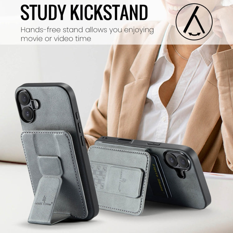 For iPhone 16 Fierre Shann Oil Wax Cow Leather Card Holder Back Phone Case(Grey)