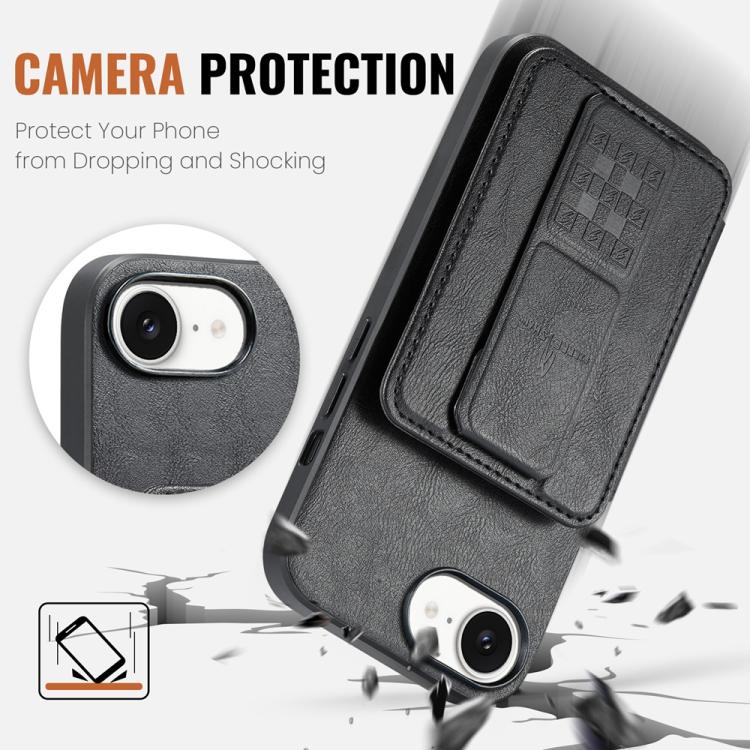 For iPhone 17e / 16e Fierre Shann Oil Wax Cow Leather Card Holder Back Phone Case(Black)