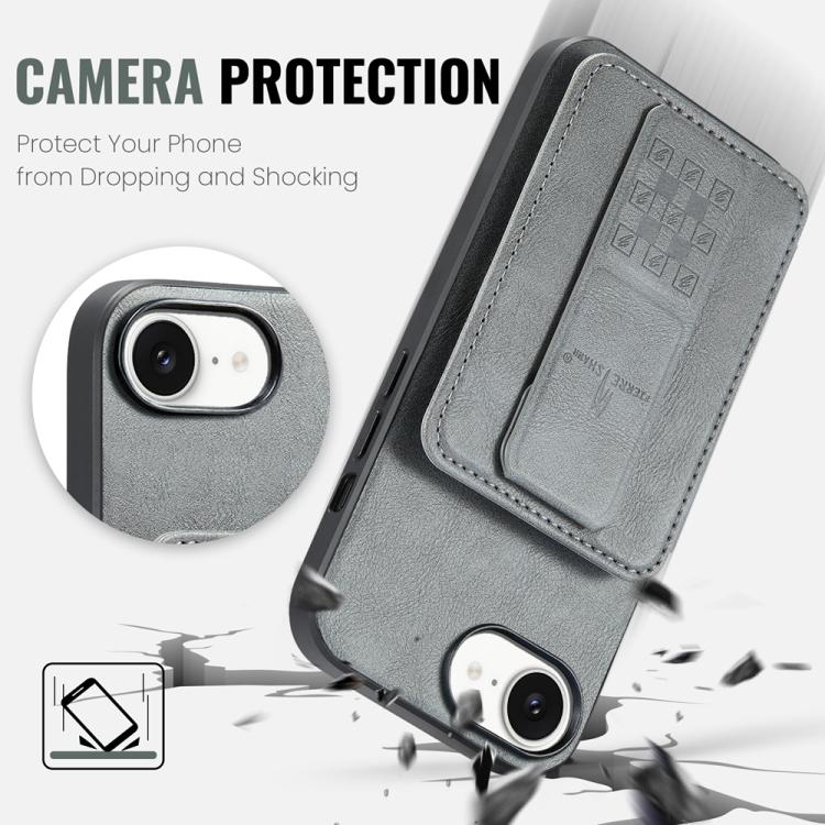For iPhone 17e / 16e Fierre Shann Oil Wax Cow Leather Card Holder Back Phone Case(Grey)