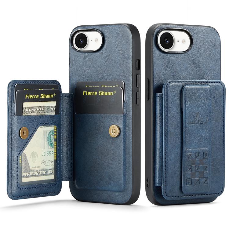 For iPhone 17e / 16e Fierre Shann Oil Wax Cow Leather Card Holder Back Phone Case(Blue)