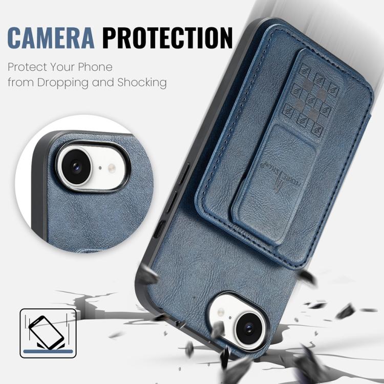 For iPhone 17e / 16e Fierre Shann Oil Wax Cow Leather Card Holder Back Phone Case(Blue)
