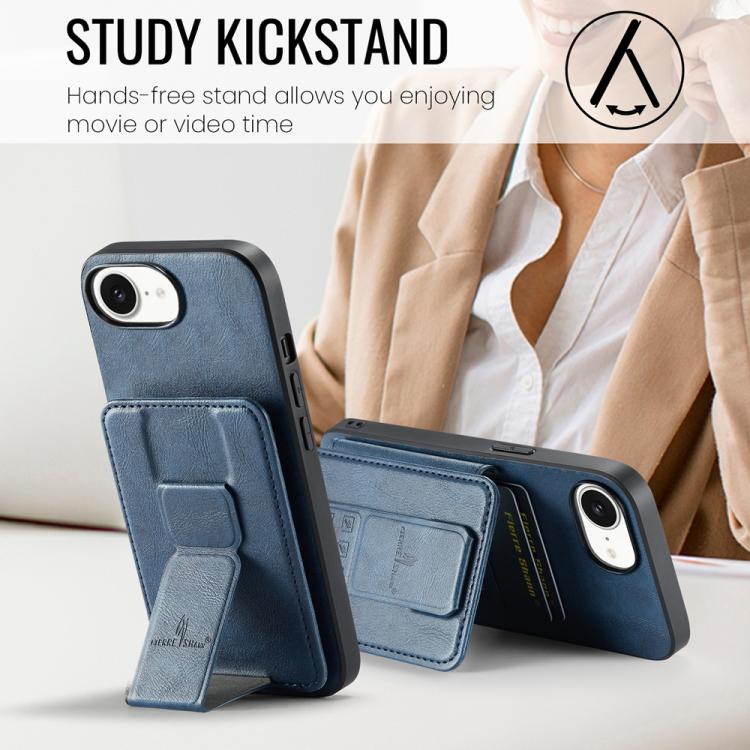 For iPhone 17e / 16e Fierre Shann Oil Wax Cow Leather Card Holder Back Phone Case(Blue)